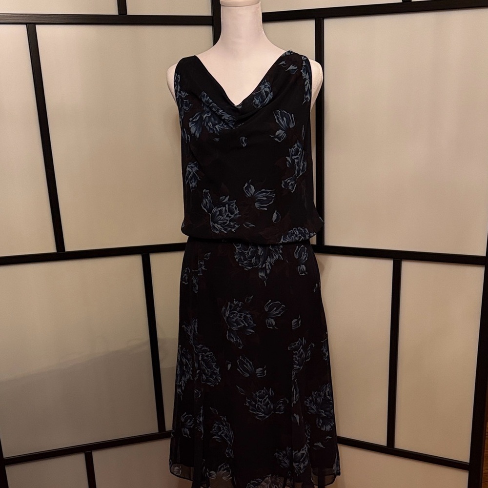 Ann Taylor Black Midi Skirt with Blue Floral Print